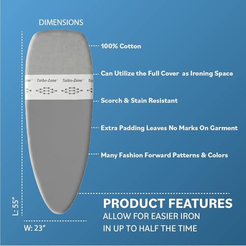 Bartnelli Replacement Ironing Board Cover for Pro Luxury Models 51\"x19\" (Models-1105, 1205) Made in Europe with New Patent Technology Featuring Park & Turbo Zone, EZ Iron Glide Zone (Blue Flowers) - Thumbnail 4