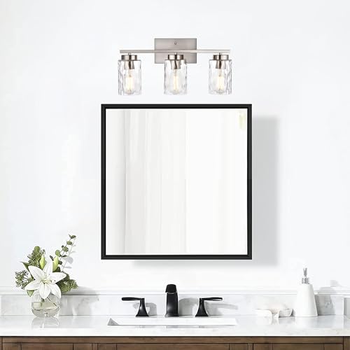 Image of Bathroom Light Fixture Over Mirror 3 Light Farmhouse Vanity Lights for Bathroom Modern Brushed Nickel Sconces Wall Lighting Flush Mount Fixtures with Clear Hammered Shade, E26 Socket