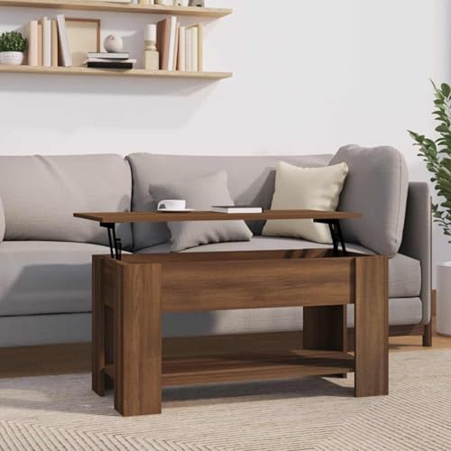 Tidyard Mesa de Centro Elevable Mesa Auxiliar Mesa de Café Versátil con Almacenaje Mesita de Salón Contrachapada Marrón Roble 101x49x52 cm