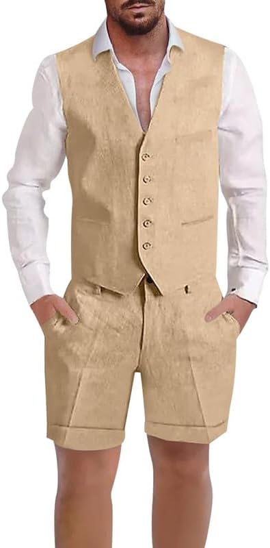 Mens 2-Piece Suit Shorts Set Summer Linen Vest Shorts Suits Beach Wedding Groom Waistcoat Trouser Set for Men