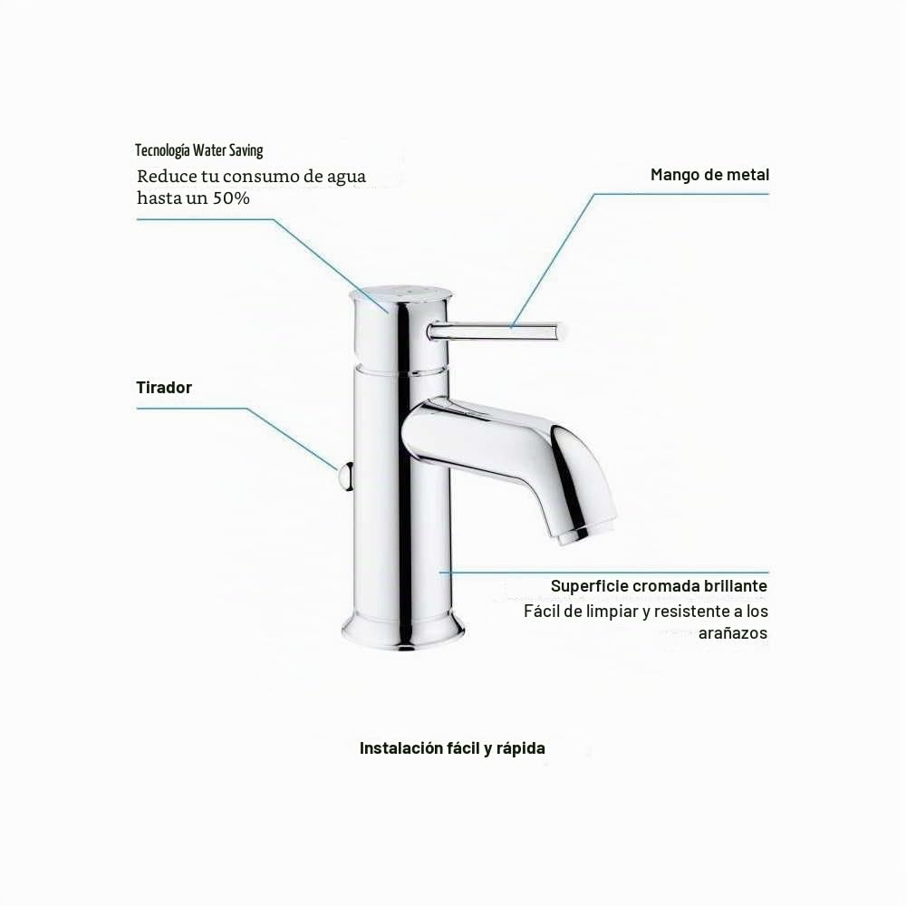 Grohe Start Classic QuickFix- Grifo de lavabo monomando S (vaciador automático, menor consumo de agua, instalación rápida, altura 155mm), cromo, 23810000
