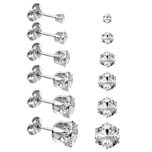 6 Pairs Silver Stainless Steel Stud Earrings Set for Women Men