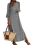 BLENCOT Women's Rolled Up Sleeve Striped Blouse Maxi Sundresses V Neck Backless Beach Long T-Shirt Dresses Gray L