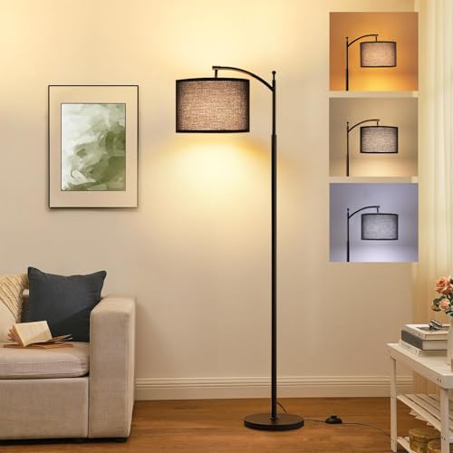 61'' Floor Lamp for Living Room, Necomi Curved Floor Lamp, 3 Colour Temperatures 3000K-5000K, Modern LED Floor Lamp with 9W LED Bulb and Linen Shade (Adjustable), Bedroom Office Dining Roomï¼ˆBlack