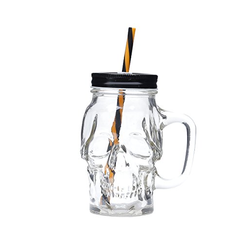 Caneca de Vidro com Tampa e Canudo Caveira Rock Style Lyor Multicor