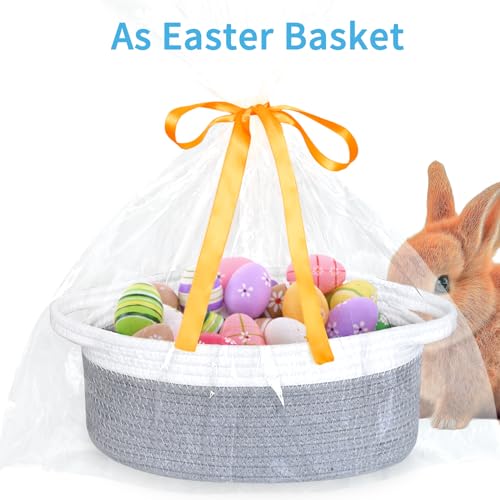 Image of Empty Gift Basket with Gift Bag & Ribbon, Woven Rope Basket, 12x8x5