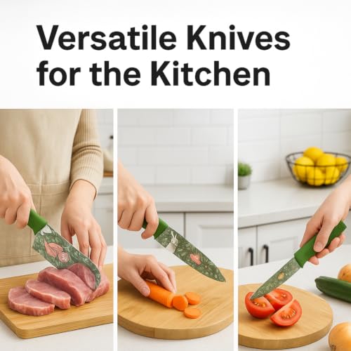 Image of La' Forte 3 Pcs Kitchen Knife Set with Protective Covers | Chef Knife, Utility Knife & Paring Knife | Printed Stainless Steel Blades with Ergonomic Grip | Cutting, Chopping & Slicing (Green)