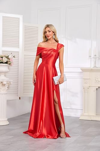 Image of Off Shoulder Satin Formal Dresses Long A Line Evening Party Prom Dresses for Women EA002