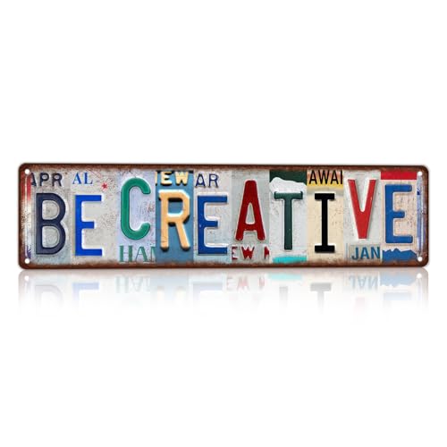 CHCdecor Vintage License Plate Street Sign Metal Sign Be Creative Art Studio Wall Decor for Kids Room Craft Room 16x4 Inch