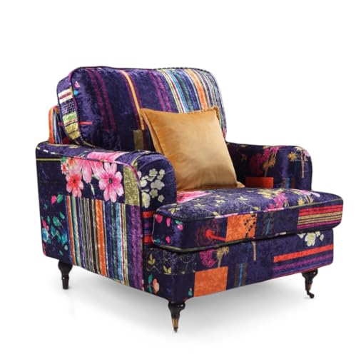 Image of Purple Patchwork Fabric 1 Seater Velvet Sofa Armchair - Single Classic Vintage Traditional English Roll Arm Sofa , Antique Brass Castors, Statement Accent Chairs Sofas & Couches for Living Room