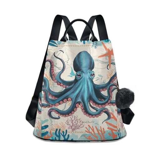 Mochila antirrobo mujer azul de pulpo y estrella de mar para viajes y camping
