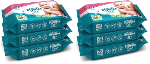 Image of Amazon Brand - Supples Baby Wet Wipes | 216 Wipes | 72 Wipes x 6 Packs | Enriched With Aloe Vera and Vitamin E | Alcohol-free and Paraben-free | Pure Water-Based Formulation
