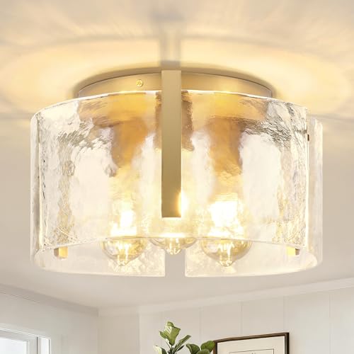BTTO Modern Gold Ceiling Lights, Glass Light Shade Semi Flush Mount Ceiling Lamp 3-Lights Chandelier Light Fittings for Living Room Hallway Dining Room Kitchen