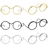 Hzopcw 6pcs Mini Metal Doll Glasses, 4cm Small Eyewear Wire Rim Toy Glasses, Doll Making Round Dress up Eyeglasses Decorative Accessories for Dog Cat Costume Cosplay DIY Crafts- Black & Gold & Silver