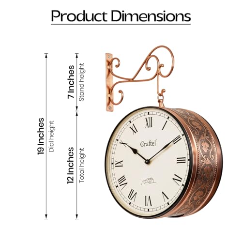 Image of CRAFTEL Double Sided Station Wall Clock Multi-Layer Electroplated | Both Side Roman Numerals | Aluminum Matte-Finish Dial Metal Body | Dial - 12 Inches, Rose Gold | 365 Days Warranty