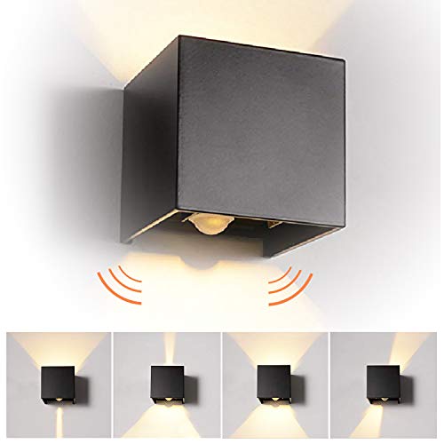 7W Led Lampade Da Parete Con Sensore Di Movimento Da interno/Esterno, Applique da Parete Impermeabile IP65 Lampada Muro in Alluminio Angolo Su e Giù Regolabile design 3000K Bianco Caldo (Nero)