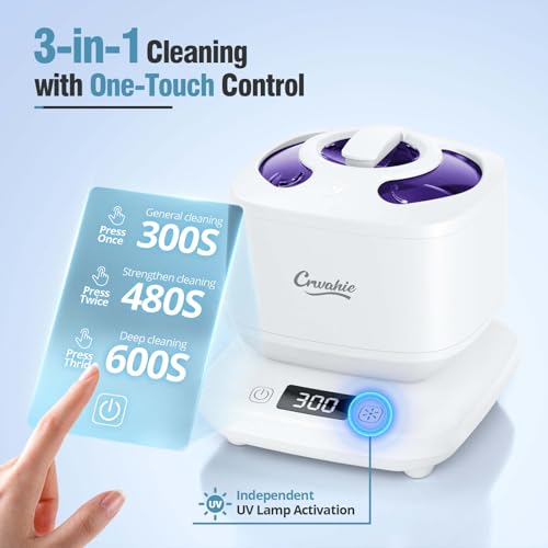 Image of Ultrasonic Retainer Cleaner, Detachable 45kHz Retainer Cleaner Machine 3 Modes Dental Cleaning Pod with Visible Window Digital Timer for Mouth Guard, Dentures, Aligner, Braces, Jewelry - White