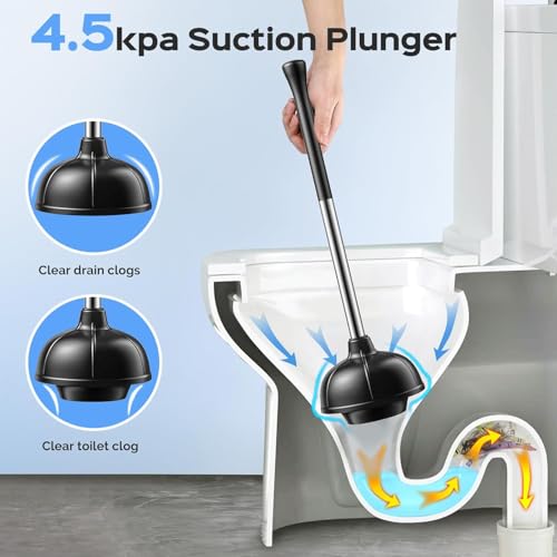 Image of HAMITOR Toilet Plunger and Brush Set: 2 Pack 2 in 1 Stainless Steel Rustproof Combo with Curved Bristles - Heavy Duty Toilet Unclogging for Family Bathroom - Compact Apartment Cleaning Accessories
