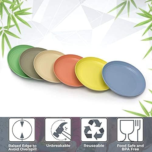 Bamboo Fiber Plastic Plates Set - Durable, Reusable, Food-Grade Dinner Plates - Dishwasher & Microwave Safe Dinnerware – Kids Plates Suitable for Home, Outdoor, Picnic, Party Use - Dish Set for 6