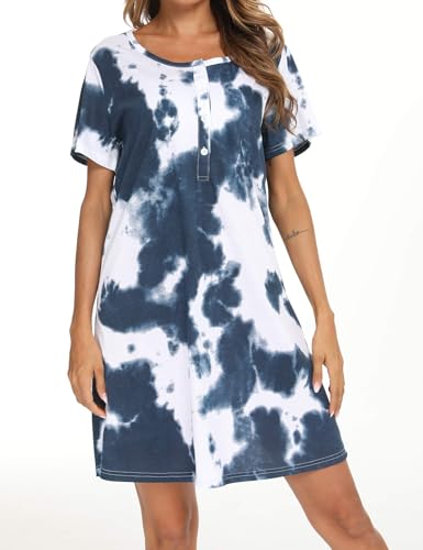 Image of ENJOYNIGHT Womens Short Sleeve Nightgown Tie Dye Nightshirt Nursing Sleepshirts Breastfeeding Sleep Dress