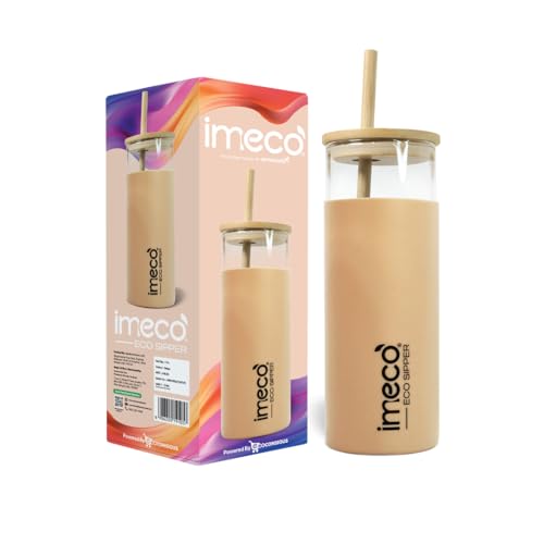 Image of IMECO ECO Sipper Glass Bottle with Bamboo Lid & Straw 450ml | Borosilicate Glass Tumbler | Leakproof & BPA-Free | Reusable, Non-Toxic & Lightweight | Ideal for Milk, Coffee & Tea - Peach