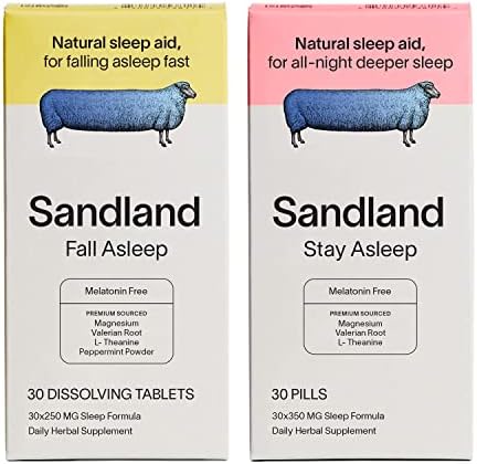 Sandland Fall Asleep Melatonin Free and Stay Asleep Melatonin Free, Natural Daily Sleep Supplement, 30 Dissolving Tablets and 30 Pills, Melatonin Free, Magnesium, Valerian Root, L-Theanine, Peppermint