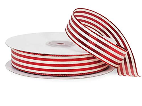 Pack of 1, Metallic Red & White Striped Cabana Ribbon, 7/8" x 25 Yards for Party, Holiday, Birthday 