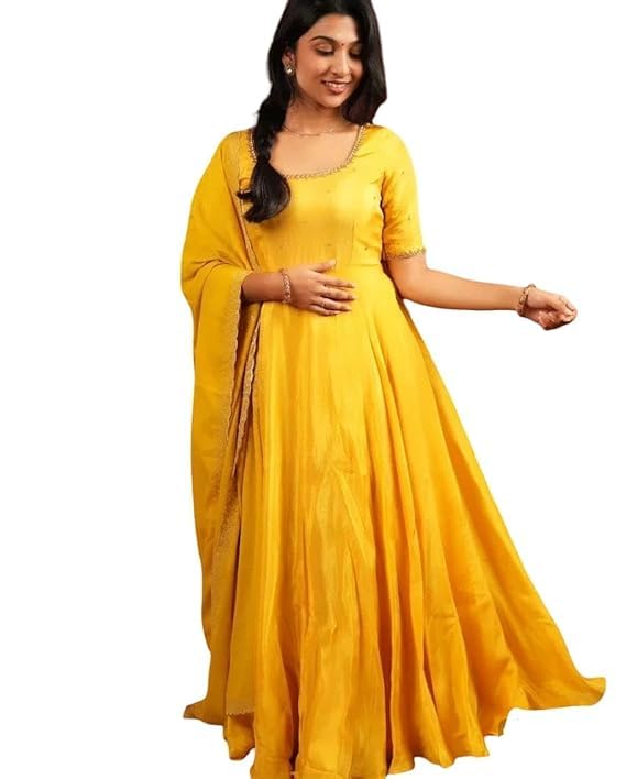Yellow Anarkali Gown with Dupatta, Flared Ethnic Dress, Half Sleeve, Gold Lace Border (in, Alpha, XL)