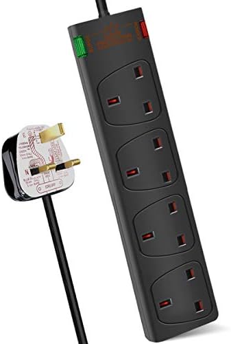 ExtraStar 4 Way Extension Lead with Surge Protection, 13A/250V~ Multi Sockets Power Strips, 3120W Fused UK Plug Wall Mounted Power Socket with 1M Extension Cord-Black