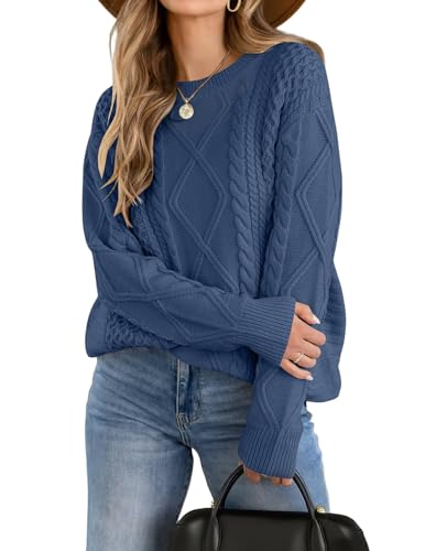 Zeagoo Strickpullover Damen Herbst Grobstrick Pullover Elegant Winterpullover Basic Rundhals Zopfmuster Pullover Blau L Zeagoo Strickpullover Damen Herbst Grobstrick Pullover Elegant Winterpullover Basic Rundhals Zopfmuster Pullover Blau L