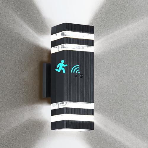 WISELUME Luces de pared para exteriores con sensor de movimiento, luz cálida con sensor de cuerpo PIR, lámpara de porche de aluminio negro, bombillas LED GU10 incluidas, certificación ETL, accesorio