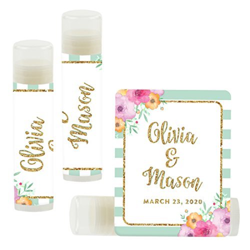 Andaz Press Personalized Bridal Shower Bachelorette Party Lip Balm Party Favors, Mint Green Faux Gold Glitter, Bride's Name and Date, 12-Pack, Custom