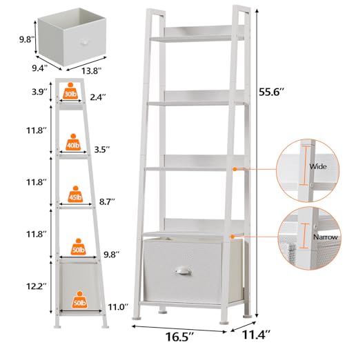 Image of Furologee 5-Tier White Ladder Shelf, Ladder Bookshelf with Removable Drawer, Mordern Bookcase Storage Rack Organizer, Wood Metal Freestanding Storage Shelves for Living Room, Home Office, Bedroom