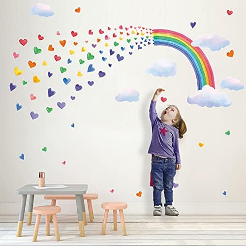 128 Pcs Large Rainbow Wall Decals,Colorful Rainbow Window Stickers,Removable DIY Rainbow Window Decals,Beautiful Rainbow Cloud Love Hearts Wall Art for Girls Bedroom Nursery Kids Room Home Decoration