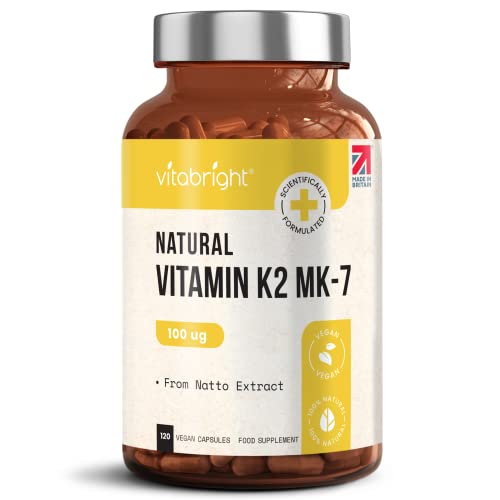 VitaBright Vitamin K2 MK7 100mcg | 120 Capsules | Vegan from Natto - NO SOYA | High Strength K2 Vitamin Supplements | VIT K MK7 for Bones & Blood Health | K2MK7 Vitamins | Made in Britain