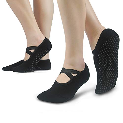 Pilates Meias de balé antiderrapantes com alças aderentes para mulheres, 05 Black+black(2 Pack), 5-8