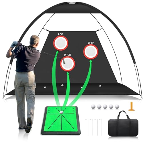 Golf Net, 10x7FT Golf PracticeNet with Swing Mat, Golf Hitting Net for Backyard Driving, Indoor/Outdoor Training Chipping Aid Nets with Targets, Gifts for Men/Dad/Him