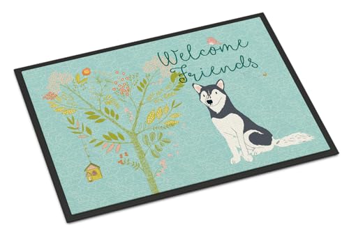 Caroline's Treasures BB7594JMAT Welcome Friends Siberian Husky Doormat 24x36 Front Door Mat Indoor Outdoor Rugs for Entryway, Non Slip Washable Low Pile, 24H X 36W