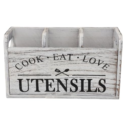 Asixxsix Kitchen Utensil Holder, Wooden Utensil Organizer with 3 Compartments, Vintage Cooking Utensil Crock Storage Box for Long Spoons Tongs Spatulas Forks