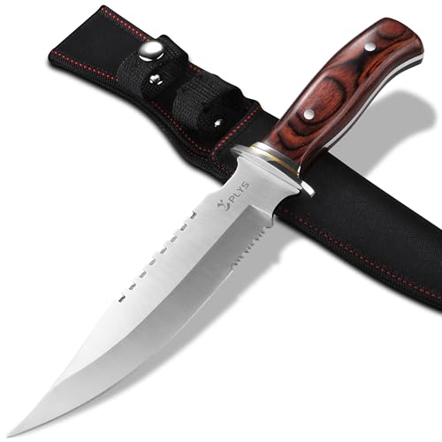Bowie Knife with Sheath, Full Tang Fixed Blade Hunting Survival Knife, Wood Handle for Camping, Bushcraft & Outdoor