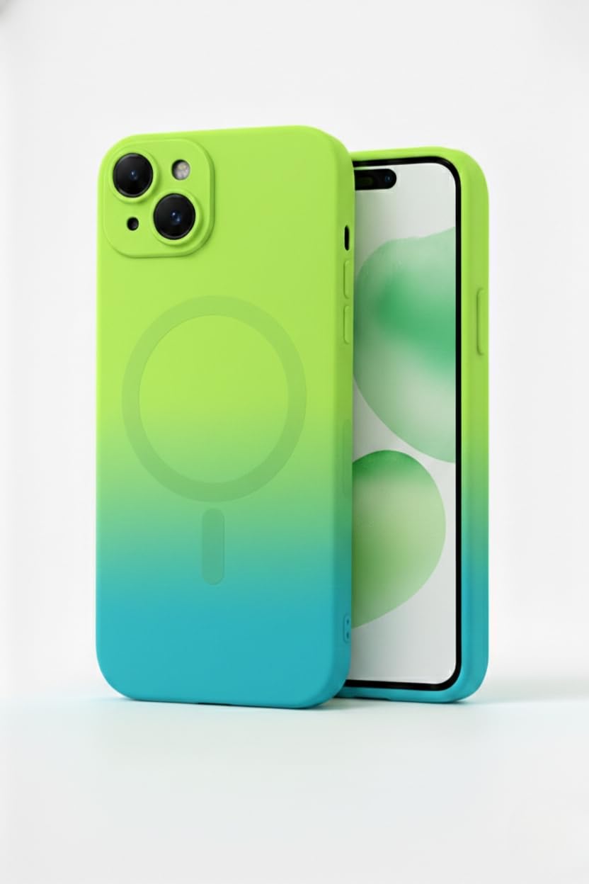 amazon basics Gradient Mag-Safe Case for iPhone 13 | Soft Silicone Shockproof Cover with Camera Protection | Slim Lightweight Design | Smooth Touch & Durable – Green & Blue