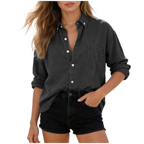 Chemise en jean femme manches longues : chemisier col en V avec boutons style veste décontractée