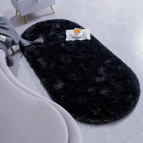 Image of 2x6 feet Soft Area Rug for Living Room and Bedroom, Modern Indoor Floor Carpet with Non-Slip Backing, Comfortable Decorative Home Decor Rug, Easy Clean & Durable- (Black, Oval)