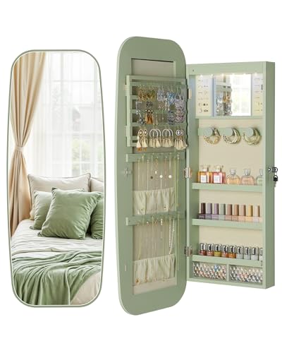 Nicetree LED Mirror Jewelry Cabinet, Rounded Jewelry Armoire Organizer, Wall or Door Mounted Jewelry Organizer with Interior Mirror, Lockable Wide Mirror with Jewelry Storage, 2 Drawers, Green