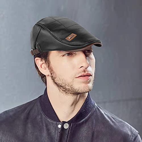 Mens Adjustable Pu Leather Ivy Cap Newsboy Hat Classic Golf Flat Cap Gatsby Driving Fishing Hat For Men Father Dad Black #TOP4