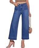 GRAPENT Wide Leg Jeans Woman Cropped for Women Short Women's Stretch Cute High Waisted Wide Leg Cropped Jeans, Classic Blue, M, US Size 8 to 10