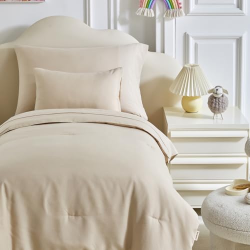 Image of Kids Comforter Sheet Set - Soft and Breathable Bed Set Includes Quilted Comforter, Fitted Sheet, Flat Top Sheet, Pillowcase and Pollowshams For Boys Girls - 6 Pieces Bed in a Bag Twin Szie Beige