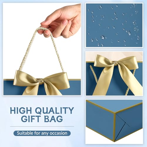Image of JMANNI Gift Bags with Handles, 11 inch Small Gift Bag for Presents, 2 Pcs Bags with 4 Tissue Paper and 2 Cards for Baby Shower Wedding Bridal Shower Mother's Day Birthday Party (Golden-Blue)