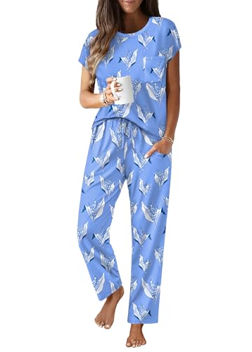 Image of Ekouaer Womens Pajama Sets Cap Sleeve Sleepwear Tops and Long Pants Comfy Pjs 2 Piece Lounge Set with Pockets S-XXL