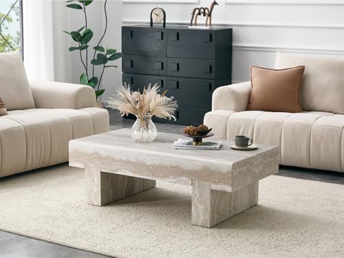 46'' Modern Coffee Table for Living Room, Marble Pattern Stone Travertine Coffee Table with Storage Thick Sturdy Legs for Dining Room Apartment Small Space (Stone Travertine Pattern)